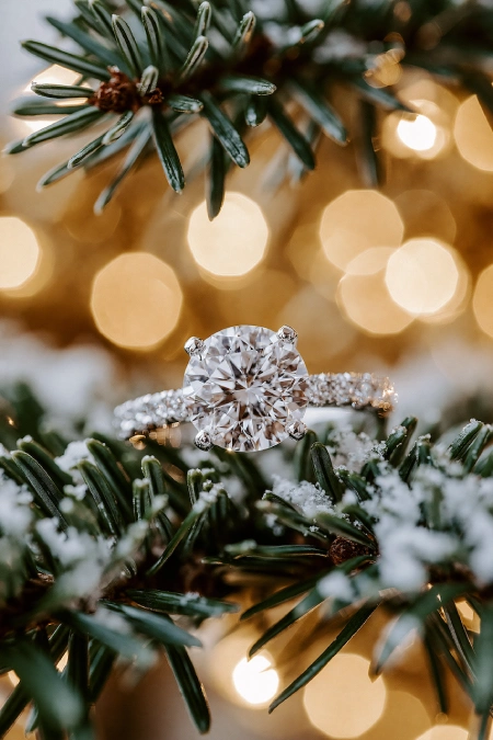 Proposal Ideas: 40 Ways to Pop the Question She'll Never Stop Talking About 11 Round diamond engagement ring nestled on snow-dusted evergreen branches with warm holiday lights glowing in the background