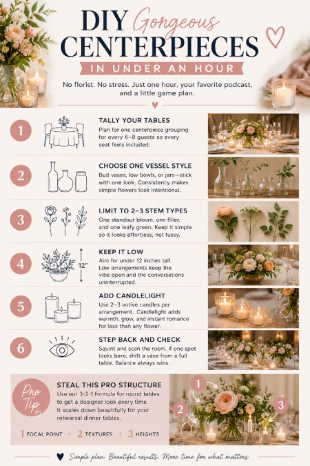 Infographic showing six simple steps for creating DIY wedding centerpieces in under an hour at home