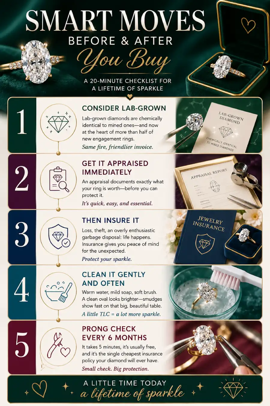 Oval Engagement Ring Obsession: Why This Cut Is Everyone's Main Character Right Now 13 Infographic with five smart engagement ring care tips including lab grown, appraisal, insurance, cleaning, and prong checks