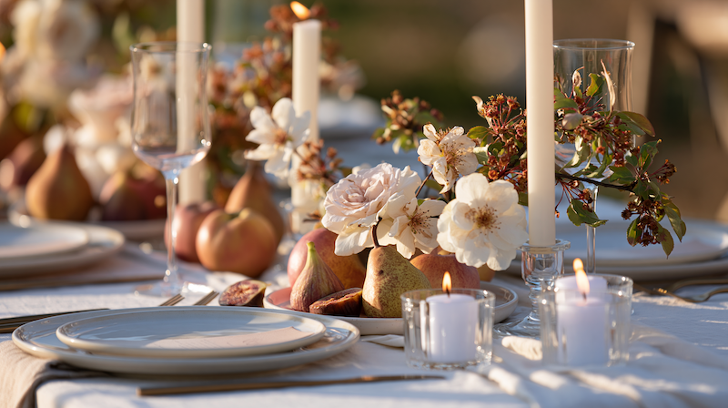 Fall wedding centerpiece with white blooms, pears, figs, taper candles, and seasonal fruit on an elegant outdoor table