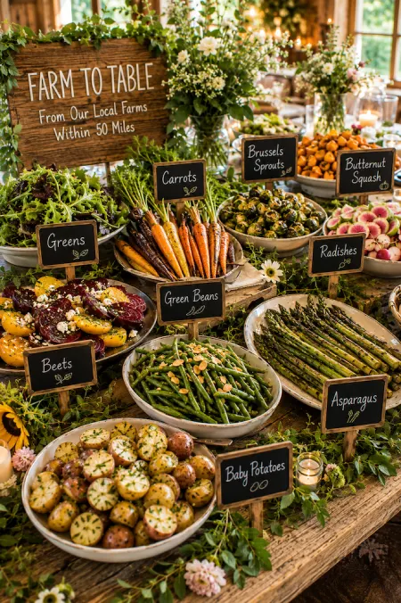 Wedding Buffet Ideas: Setups, Menus, and Layouts Guests Love (and Line Up Twice For) 16 Farm to table wedding buffet with seasonal vegetables, fresh herbs, and locally sourced produce in a rustic reception display