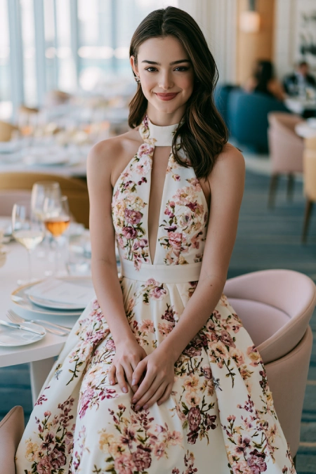 Rehearsal Dinner Dresses for the Bride: What to Wear at Every Formality Level 12 Bride-to-be in a floral halter dress with keyhole neckline seated at an elegant modern restaurant for her rehearsal dinner