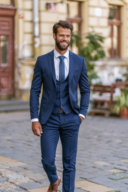 The Perfect Rehearsal Dinner Dress for Guests: Your Complete Outfit Guide 15 Man in a tailored navy three-piece suit walking through a city square in polished formal rehearsal dinner attire