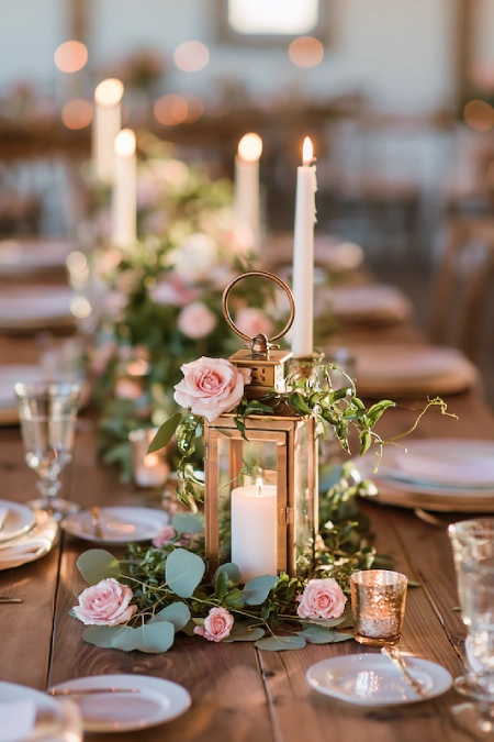 25 Fall Wedding Centerpieces With Main Character Energy (Cozy, Never Costume-y) 12 Gold lantern centerpiece with blush roses, eucalyptus, greenery, and taper candles on a romantic rustic wedding table