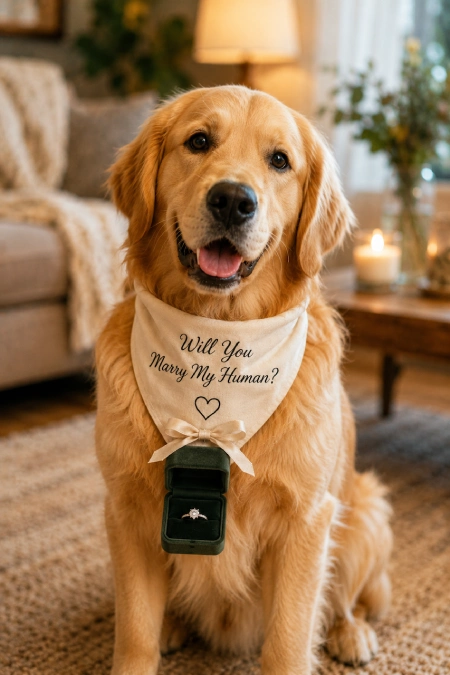 Proposal Ideas: 40 Ways to Pop the Question She'll Never Stop Talking About 8 Golden retriever wearing a "Will You Marry My Human?" bandana with an open engagement ring box in a cozy living room