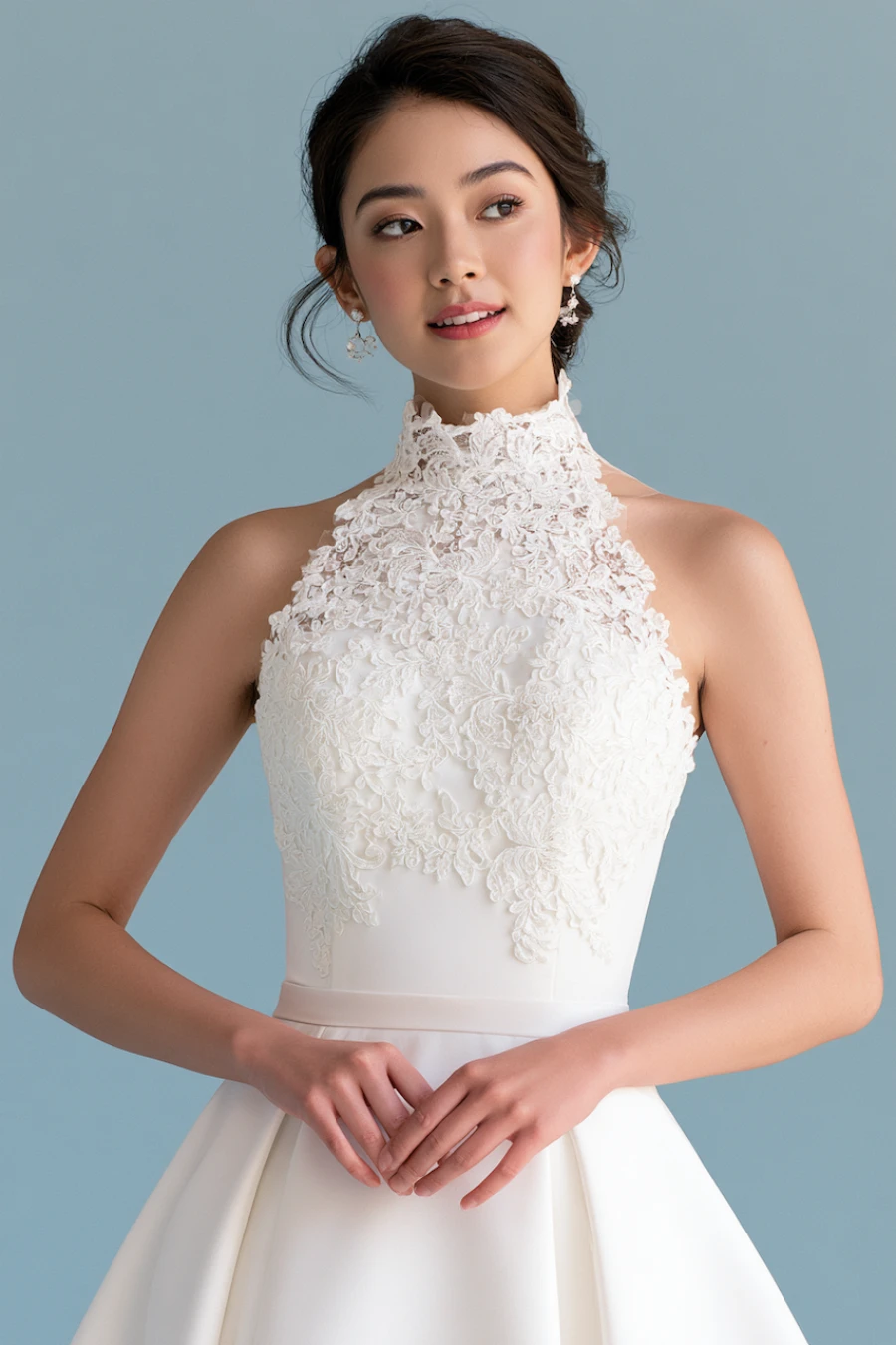Bride wearing a high-neck wedding dress with floral lace appliqué bodice, sleeveless silhouette, and elegant modern bridal style