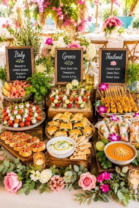 Wedding Buffet Ideas: Setups, Menus, and Layouts Guests Love (and Line Up Twice For) 15 International wedding tasting stations with Italian, Greek, and Thai appetizers for a colorful multicultural reception buffet