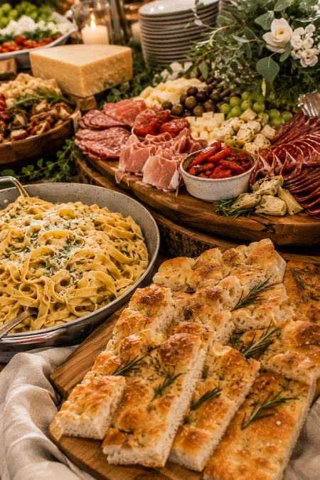 Wedding Buffet Ideas: Setups, Menus, and Layouts Guests Love (and Line Up Twice For) 12 Wedding buffet with creamy pasta, focaccia, charcuterie board, cheeses, and artisan breads for an elegant Italian reception