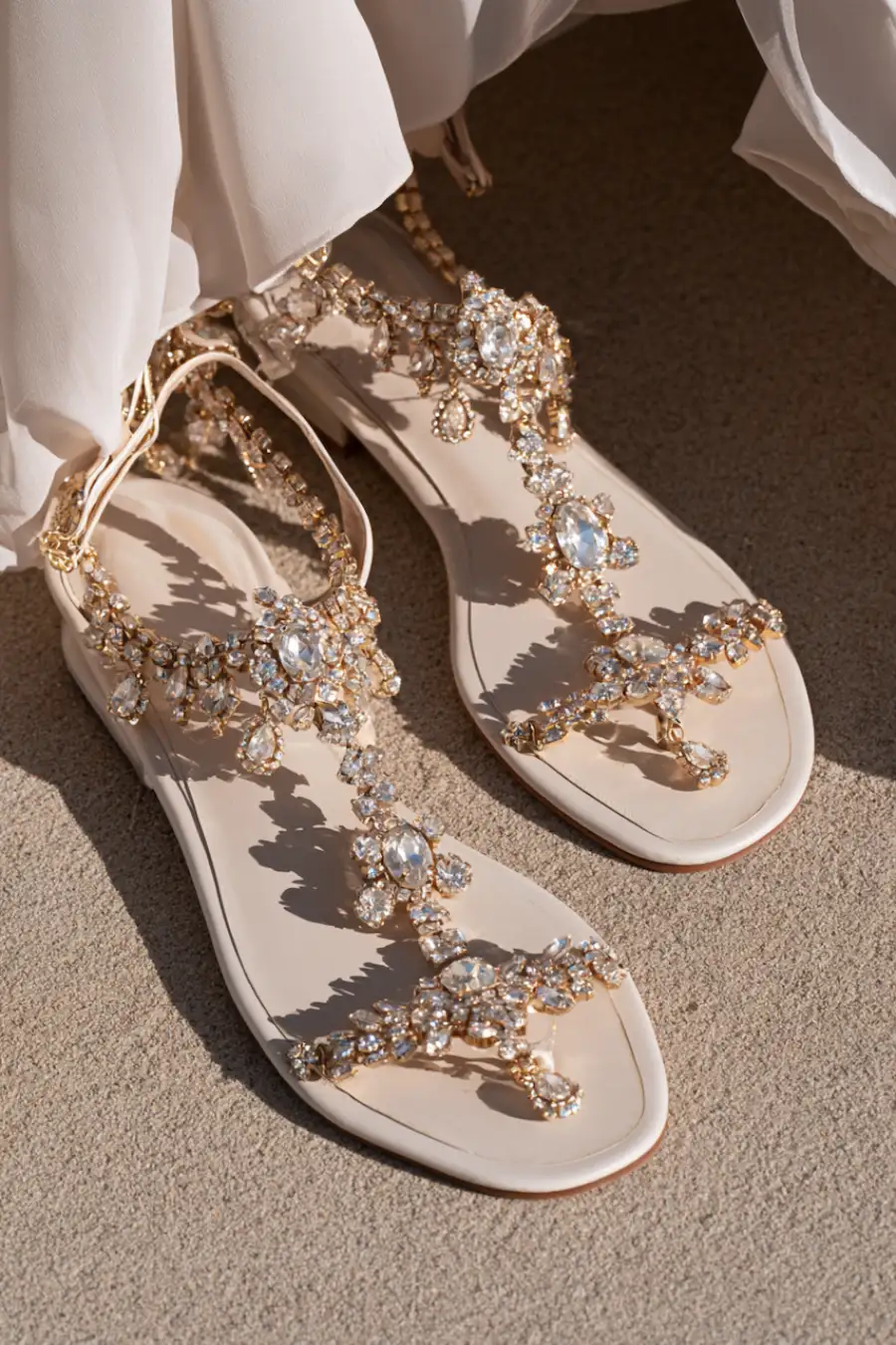 Wedding Shoes for the Bride: 27 Beautiful Ideas That Balance Style and Comfort 26 Ivory bridal flat sandals with gold crystal embellishments and jeweled T-straps styled beneath a flowing wedding dress