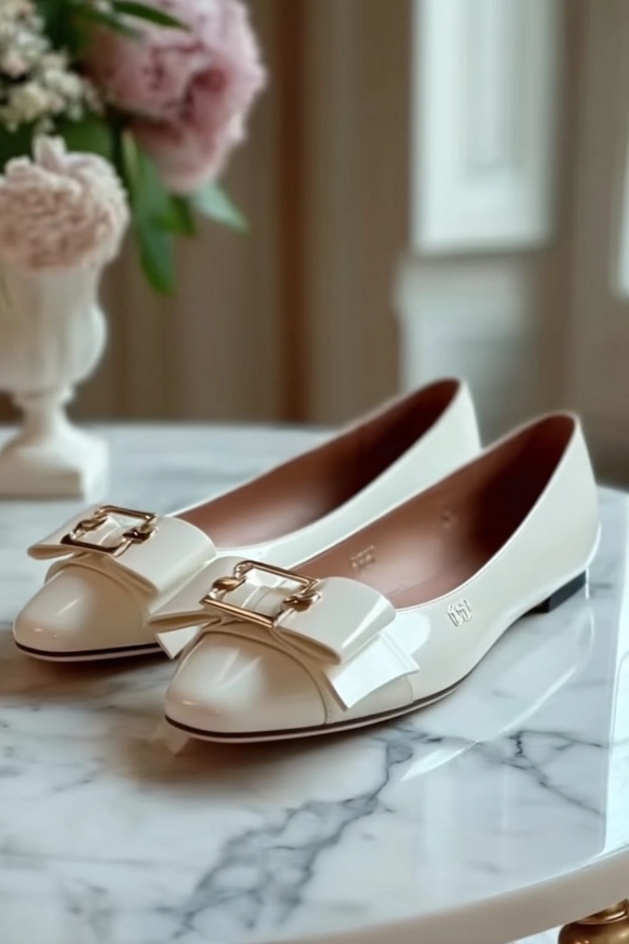 Wedding Shoes for the Bride: 27 Beautiful Ideas That Balance Style and Comfort 15 Ivory bridal flats with oversized buckle bows and square toes styled on marble beside blush flowers for elegant wedding prep