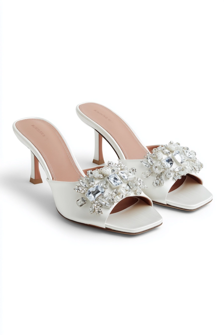 Wedding Shoes for the Bride: 27 Beautiful Ideas That Balance Style and Comfort 19 Ivory bridal mule heels with square toes and sparkling crystal floral embellishments on white for glamorous wedding style