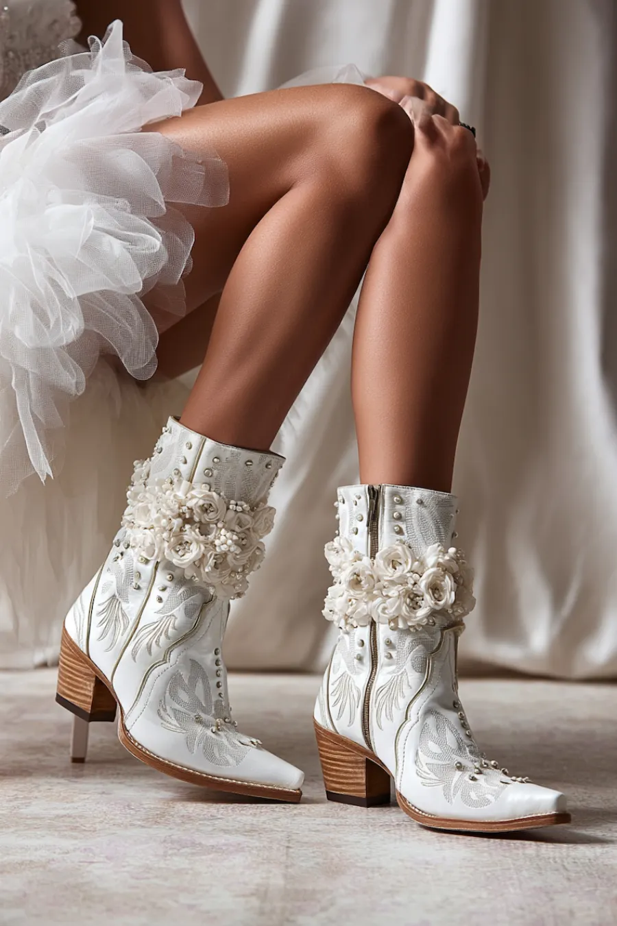 Wedding Shoes for the Bride: 27 Beautiful Ideas That Balance Style and Comfort 27 Bride wearing ivory floral embroidered cowboy boots with pearl details and block heels for a chic western wedding look