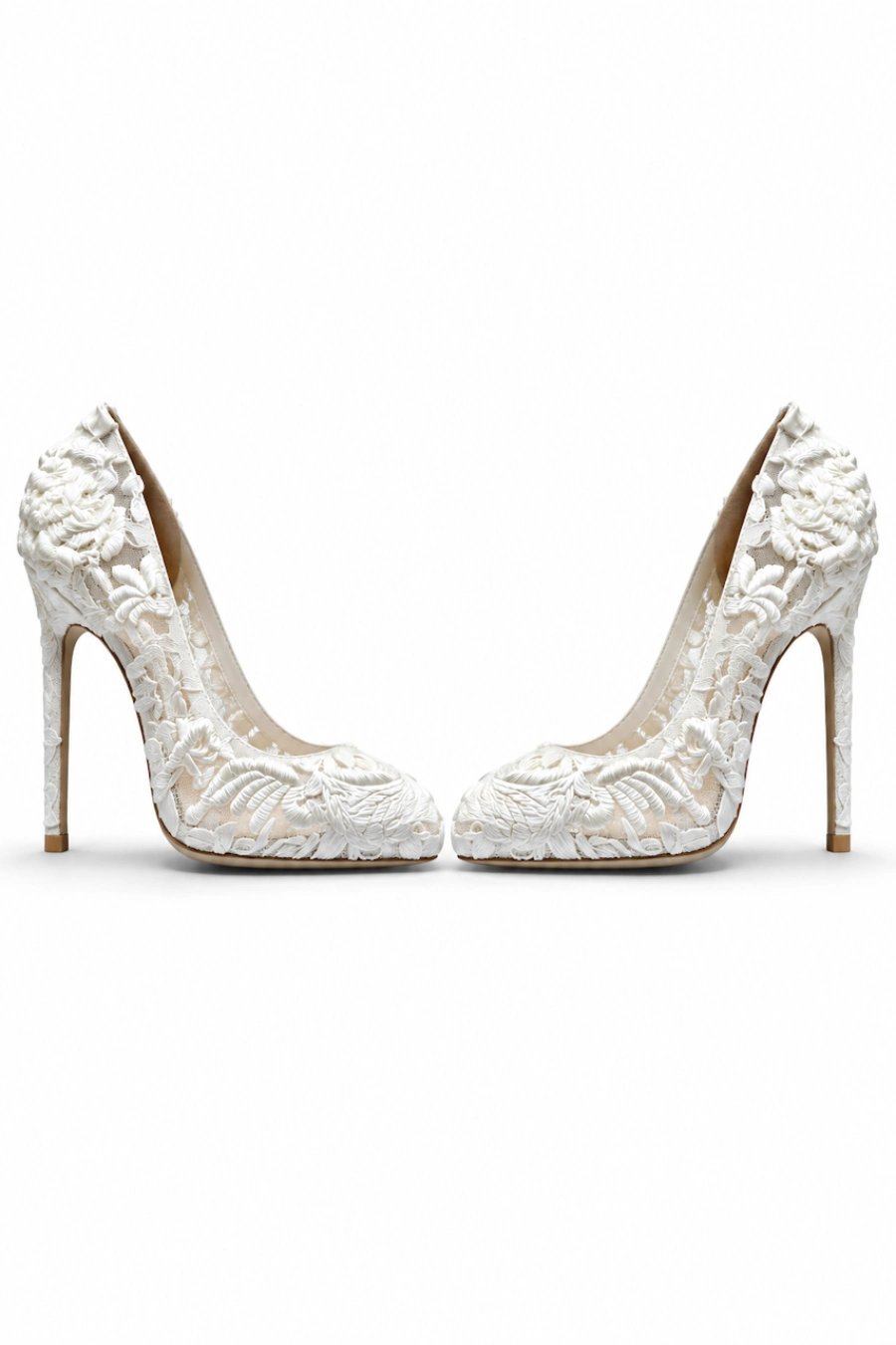 Wedding Shoes for the Bride: 27 Beautiful Ideas That Balance Style and Comfort 2 Pair of ivory lace bridal pumps with floral embroidery and pointed toes displayed on a clean white background for wedding style
