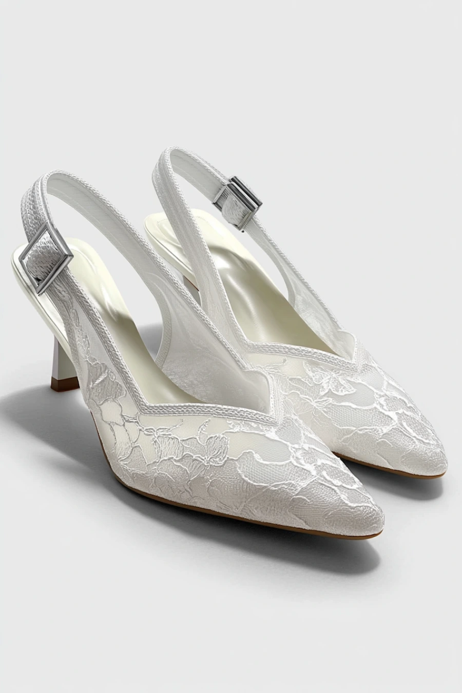 Wedding Shoes for the Bride: 27 Beautiful Ideas That Balance Style and Comfort 3 Ivory lace slingback wedding shoes for the bride with pointed toes, low block heels, and floral embroidery on a clean studio background