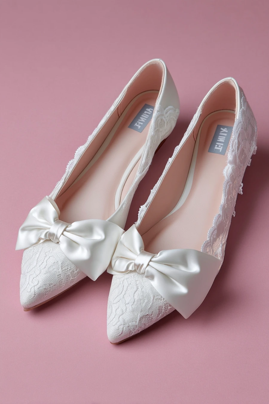 Wedding Shoes for the Bride: 27 Beautiful Ideas That Balance Style and Comfort 16 Ivory lace wedding flats with pointed toes and oversized satin bows displayed on a soft pink background for bridal style