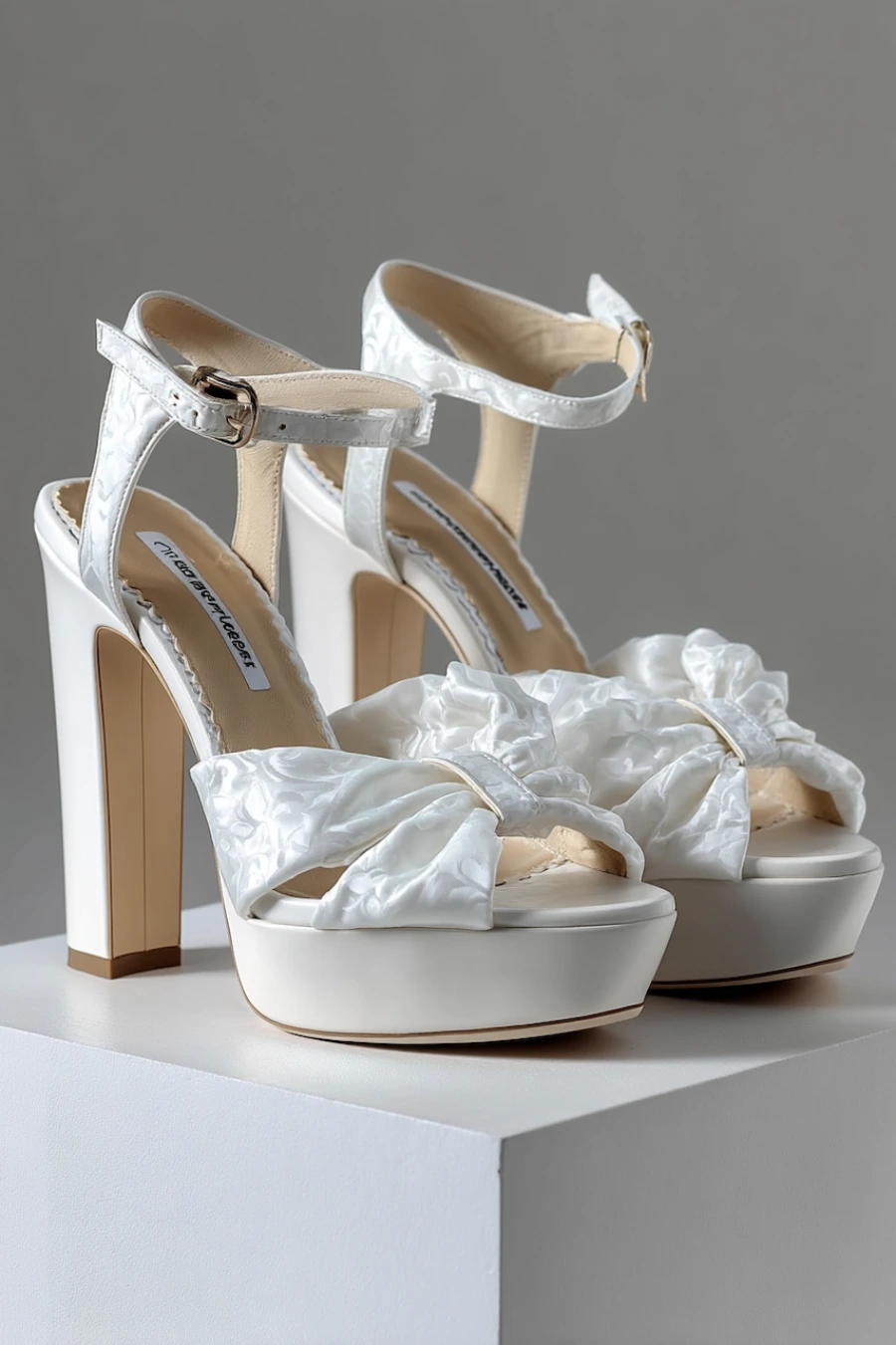 Wedding Shoes for the Bride: 27 Beautiful Ideas That Balance Style and Comfort 12 Ivory platform wedding shoes with oversized satin bows, ankle straps, and block heels displayed on a white pedestal in studio