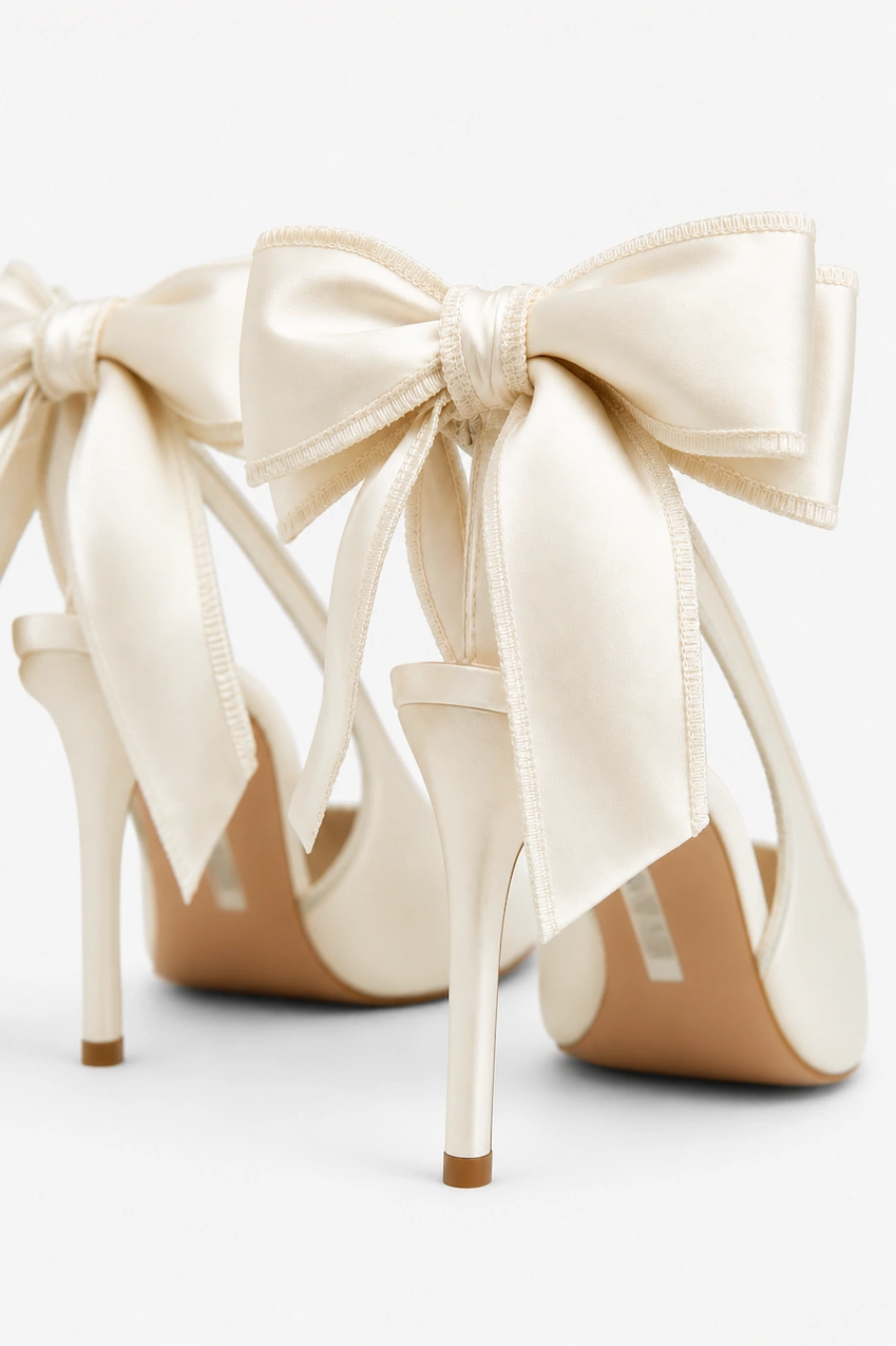 Wedding Shoes for the Bride: 27 Beautiful Ideas That Balance Style and Comfort 6 Ivory satin bridal heels with oversized bow backs and slim stiletto heels on a clean white background for elegant wedding style