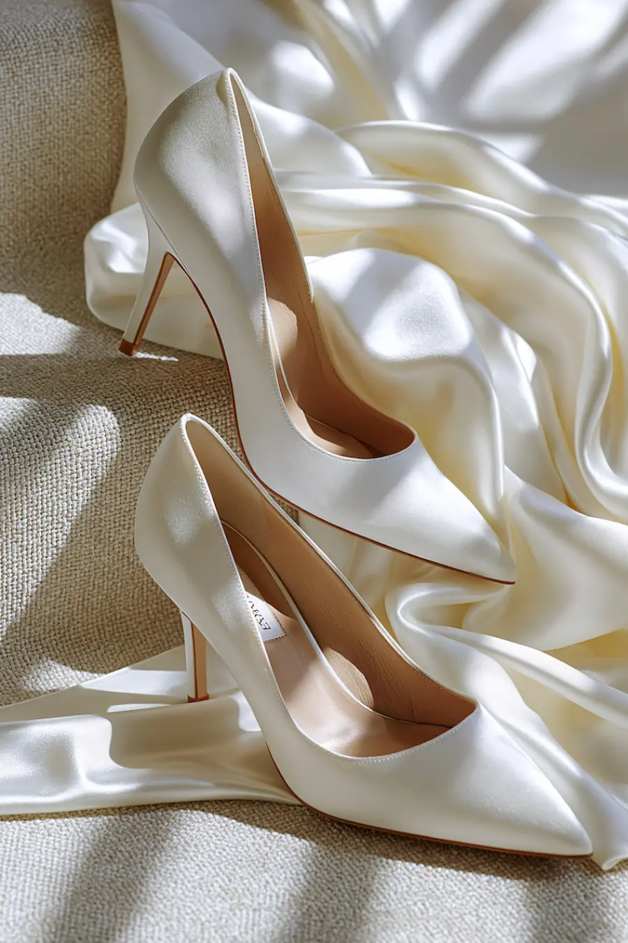 Wedding Shoes for the Bride: 27 Beautiful Ideas That Balance Style and Comfort 1 Elegant ivory satin bridal high heels styled on flowing silk fabric with soft natural light for timeless wedding inspiration