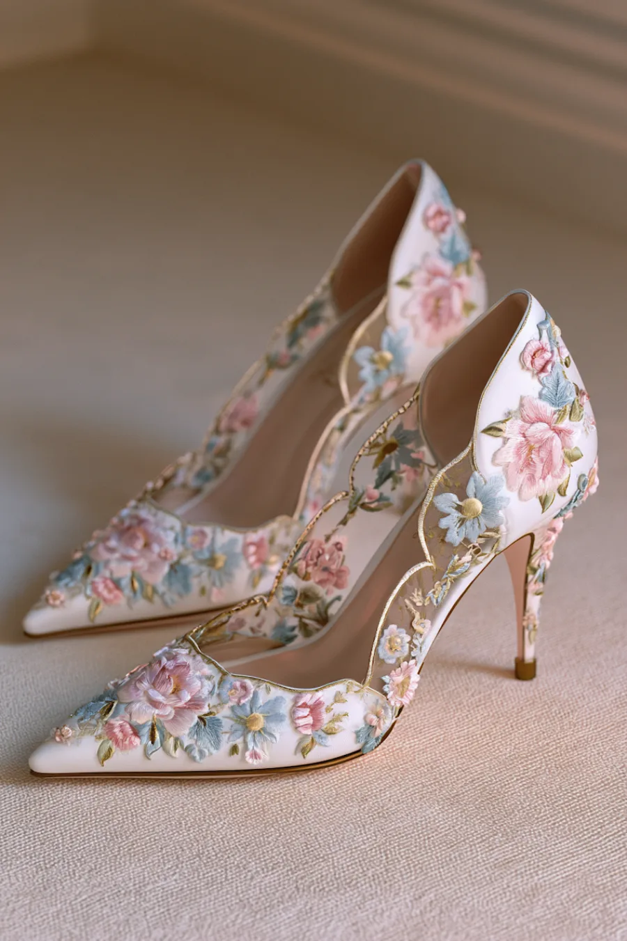 Wedding Shoes for the Bride: 27 Beautiful Ideas That Balance Style and Comfort 22 Ivory wedding heels with pastel floral embroidery, pointed toes, and scalloped edges for a romantic bridal look