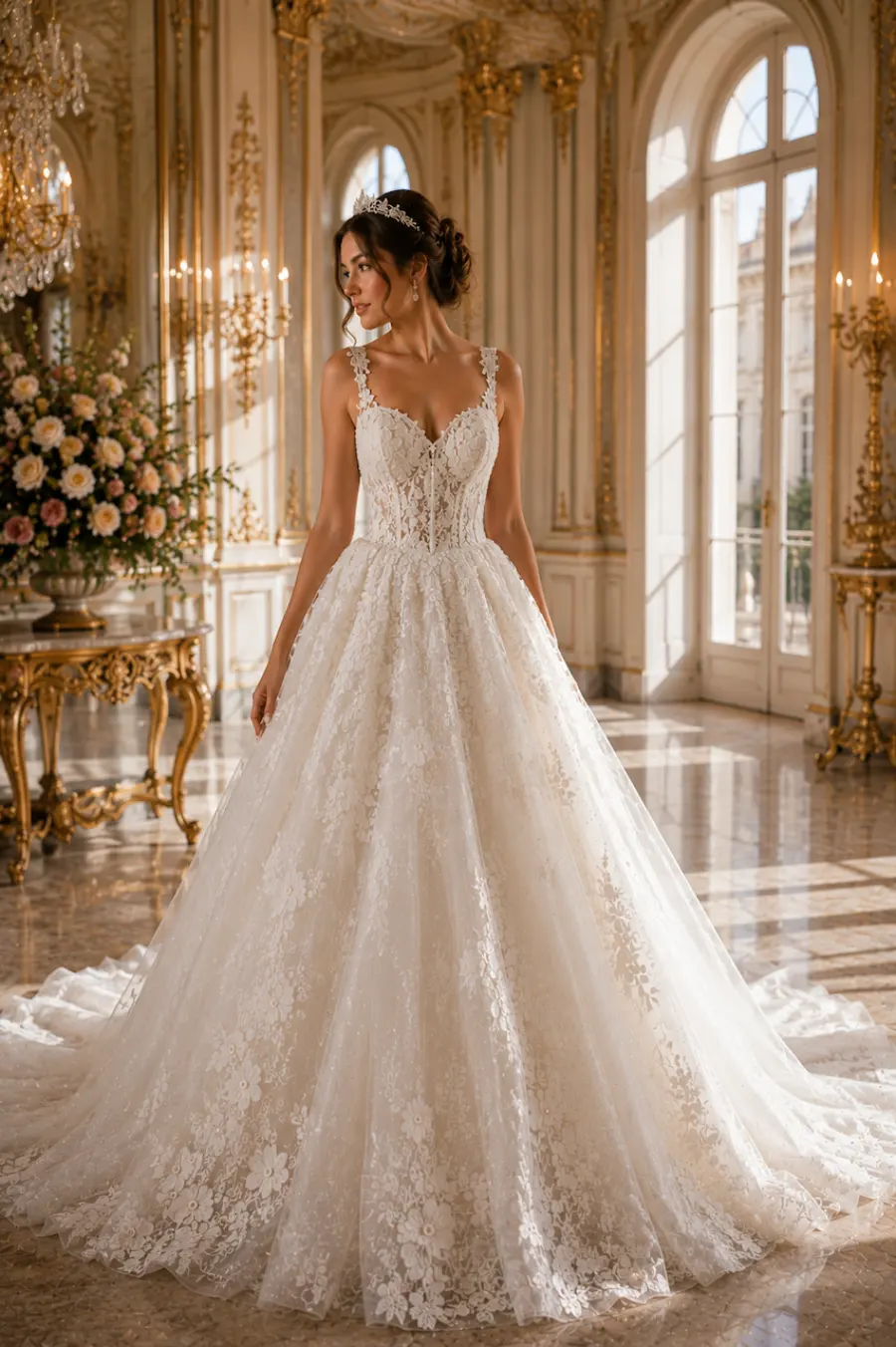Bride wearing a lace ball gown wedding dress with floral embroidery in an elegant ballroom with grand windows and chandeliers