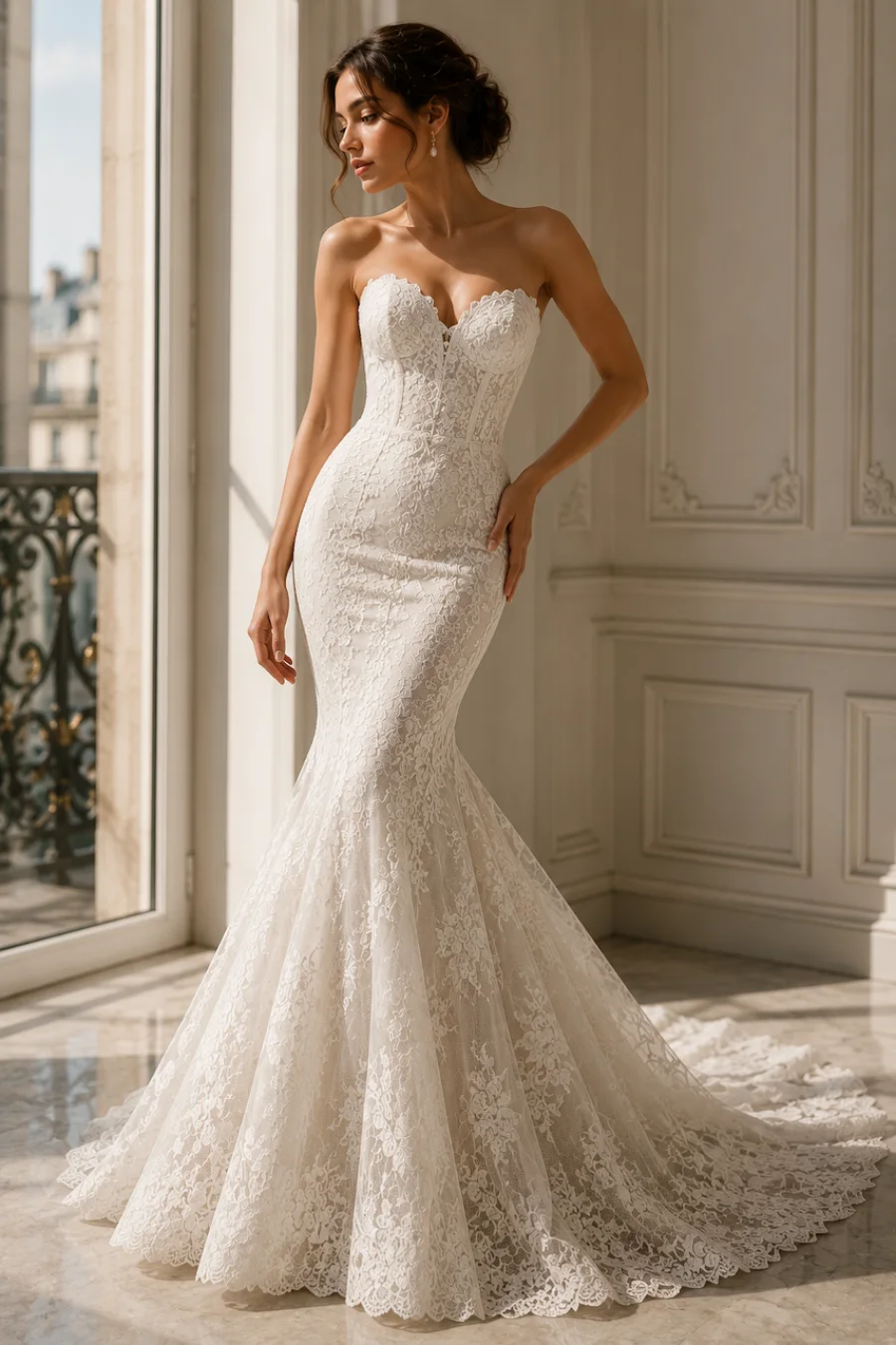 Bride in a fitted lace mermaid wedding dress with a sweetheart neckline and lace train in a bright elegant bridal salon setting