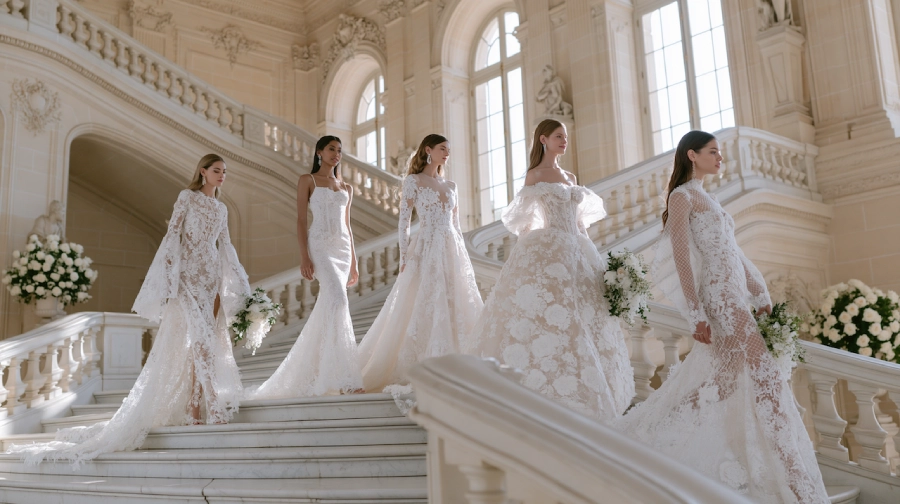 Five brides showcase different lace wedding dress styles on a grand staircase in a luxury bridal fashion editorial portrait