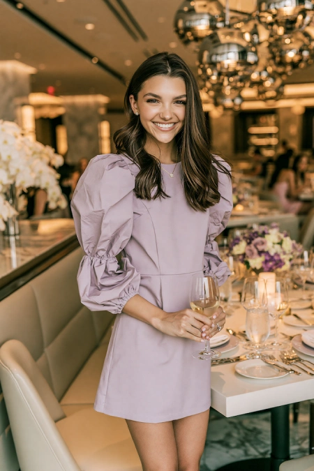 Rehearsal Dinner Dresses for the Bride: What to Wear at Every Formality Level 15 Bride-to-be in a lilac puff sleeve mini dress holding wine at a chic modern rehearsal dinner with purple floral table decor