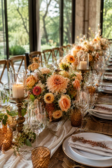 25 Fall Wedding Centerpieces With Main Character Energy (Cozy, Never Costume-y) 22 Long floral wedding centerpiece with peach dahlias, roses, candles, and greenery on a rustic banquet reception table