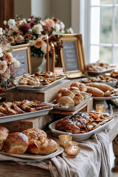 Wedding Buffet Ideas: Setups, Menus, and Layouts Guests Love (and Line Up Twice For) 19 Elegant farmhouse wedding buffet with artisan breads, roasted meats, candles, florals, and elevated rustic reception styling