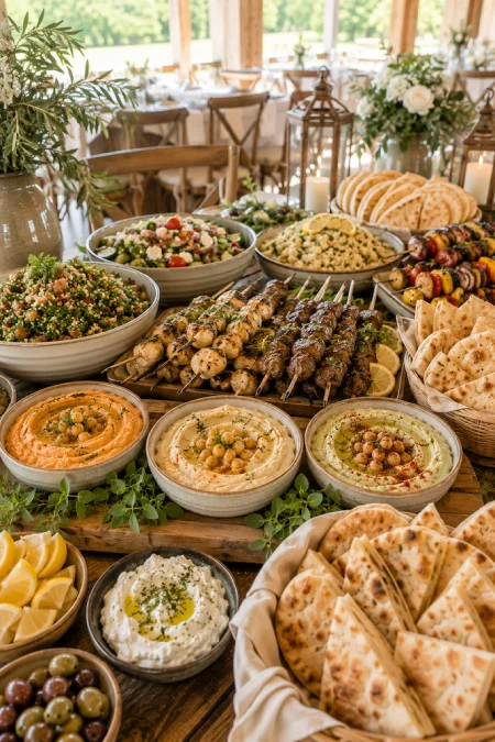 Wedding Buffet Ideas: Setups, Menus, and Layouts Guests Love (and Line Up Twice For) 8 Mediterranean wedding buffet with grilled kebabs, hummus, fresh salads, pita bread, and colorful mezze for elegant reception