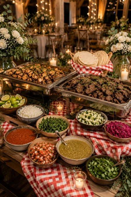 Wedding Buffet Ideas: Setups, Menus, and Layouts Guests Love (and Line Up Twice For) 10 Mexican wedding buffet with grilled meats, tortillas, fresh salsas, toppings, and festive taco bar for an elegant reception
