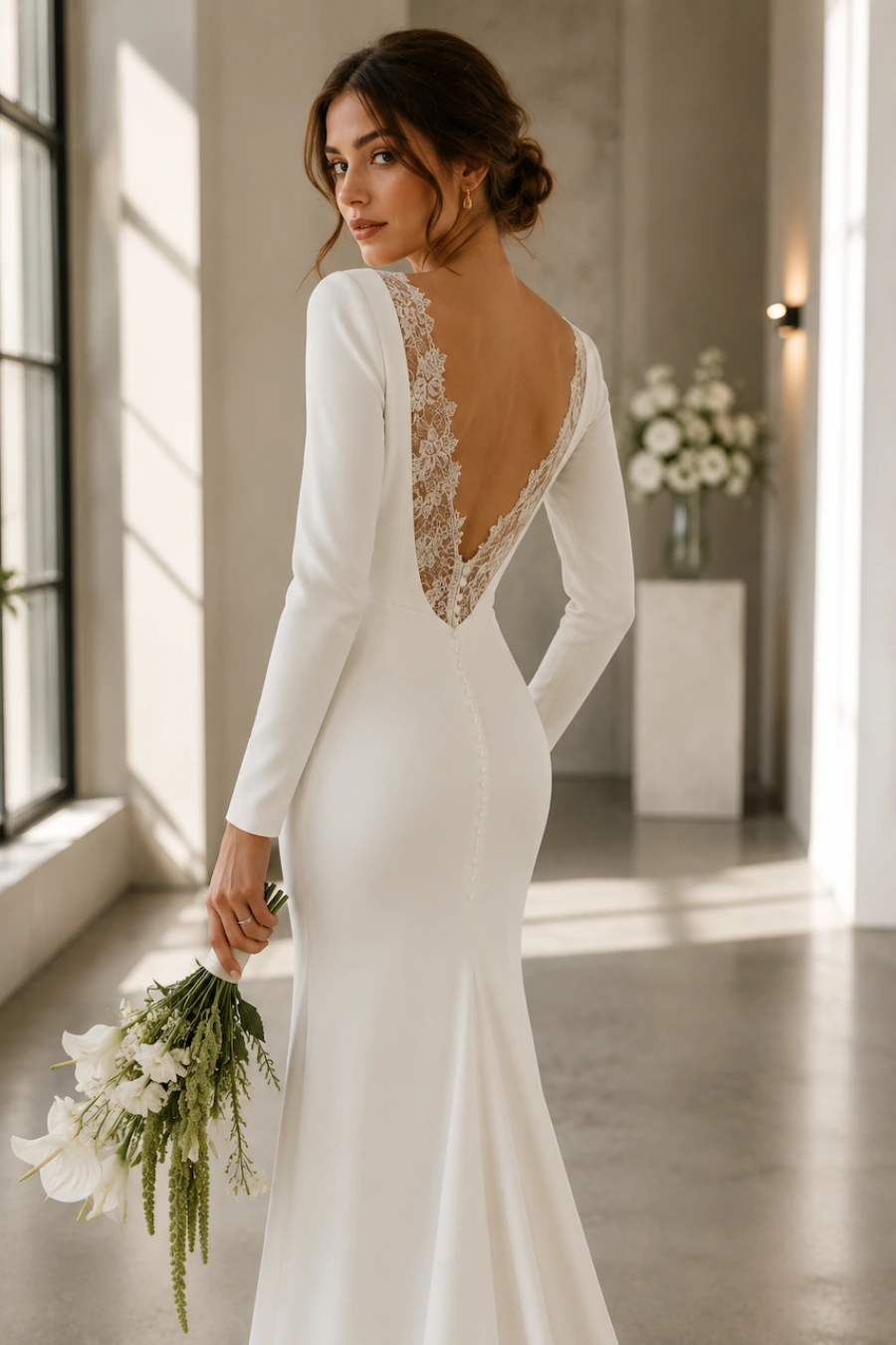 Bride in a minimalist wedding dress with a deep lace illusion back, long sleeves, and elegant bouquet in modern bridal setting