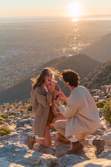 Proposal Ideas: 40 Ways to Pop the Question She'll Never Stop Talking About 5 Mountain top proposal at sunrise with a man presenting an engagement ring as his joyful partner reacts on a scenic overlook