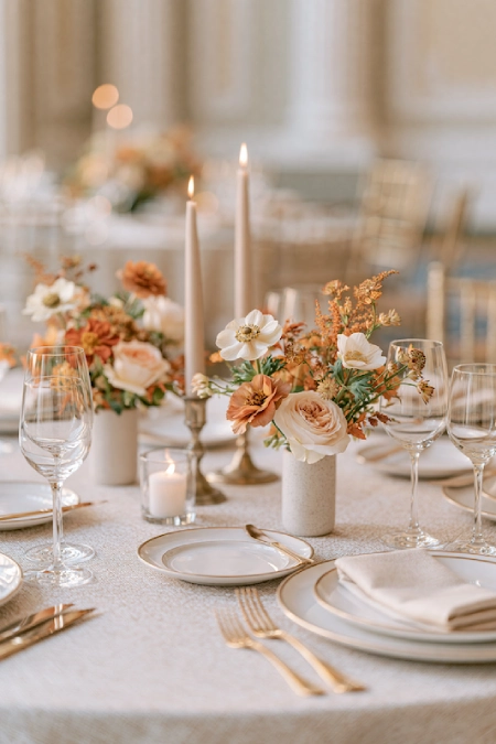 25 Fall Wedding Centerpieces With Main Character Energy (Cozy, Never Costume-y) 19 Neutral fall wedding centerpiece with blush roses, ivory blooms, and taper candles on an elegant round reception table