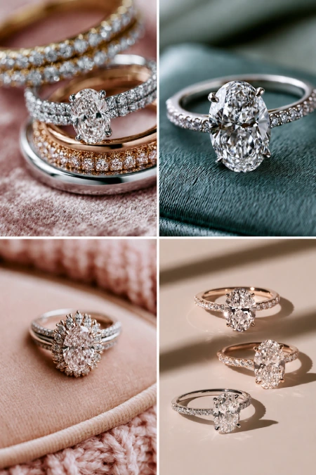 Oval Engagement Ring Obsession: Why This Cut Is Everyone's Main Character Right Now 1 Collage of oval diamond engagement rings in white, yellow, and rose gold solitaire and halo settings on soft neutral backgrounds