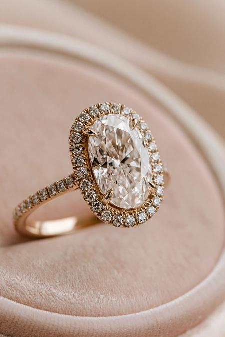 Oval Engagement Ring Obsession: Why This Cut Is Everyone's Main Character Right Now 9 Oval diamond halo engagement ring with pavé band in rose gold displayed on a blush velvet ring box in soft natural light
