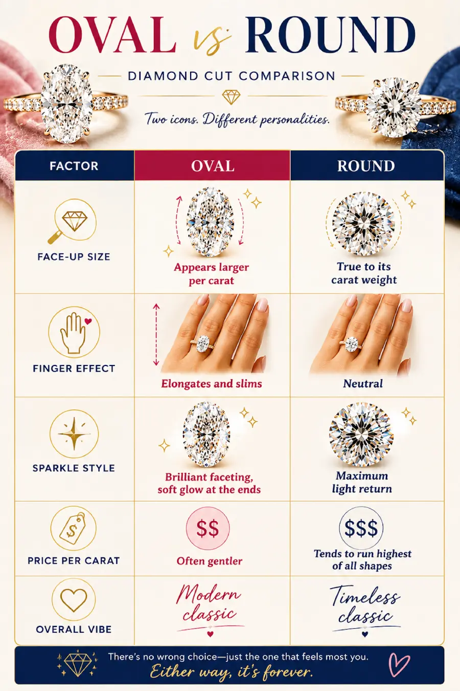 Oval Engagement Ring Obsession: Why This Cut Is Everyone's Main Character Right Now 4 Infographic comparing oval vs round diamond engagement rings by face-up size, sparkle, price, finger effect, and overall style