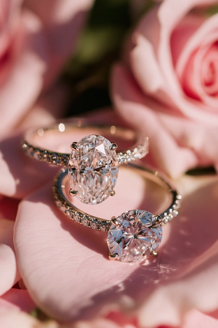Oval Engagement Ring Obsession: Why This Cut Is Everyone's Main Character Right Now 3 Oval and round diamond engagement rings in yellow gold with pavé bands displayed on soft pink rose petals in romantic light