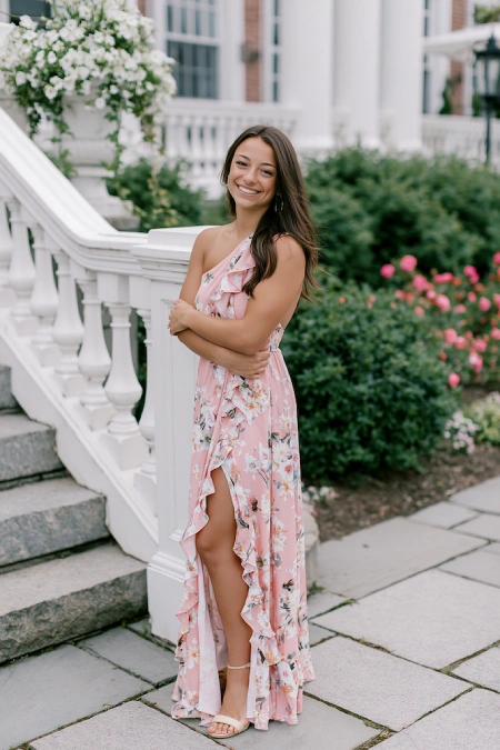 Rehearsal Dinner Dresses for the Bride: What to Wear at Every Formality Level 10 Bride-to-be in a pink floral one shoulder maxi dress with ruffle slit posing by a grand staircase before her rehearsal dinner