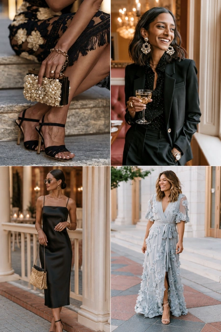 The Perfect Rehearsal Dinner Dress for Guests: Your Complete Outfit Guide 5 Collage of rehearsal dinner accessories and outfit ideas with elegant dresses, tailoring, and statement pieces