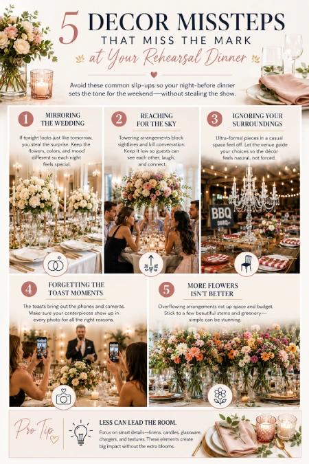 Infographic highlighting five rehearsal dinner decor mistakes that can make your wedding reception feel repetitive