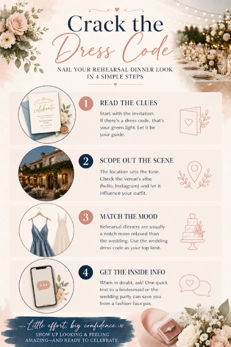 The Perfect Rehearsal Dinner Dress for Guests: Your Complete Outfit Guide 2 Wedding infographic explaining how to choose the right rehearsal dinner outfit using four simple dress code tips
