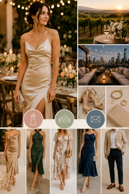 Rehearsal Dinner Dresses for the Bride: What to Wear at Every Formality Level 2 Rehearsal dinner outfit mood board with champagne satin slip dress, guest attire ideas, and elegant evening venue inspiration