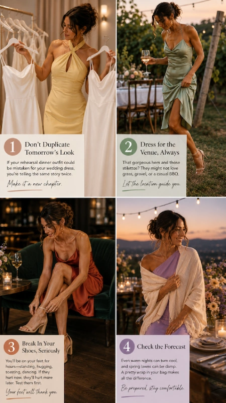 Rehearsal Dinner Dresses for the Bride: What to Wear at Every Formality Level 19 Four rehearsal dinner outfit tips infographic covering dress choice, venue style, breaking in shoes, and checking the weather