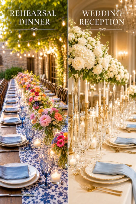 Split image about Rehearsal Dinner Centerpieces comparing colorful outdoor rehearsal dinner decor with elegant white floral wedding reception tablescape