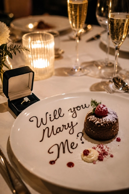 Proposal Ideas: 40 Ways to Pop the Question She'll Never Stop Talking About 4 Romantic restaurant proposal with engagement ring box, candlelight, champagne, and dessert plate reading Will you Marry Me?