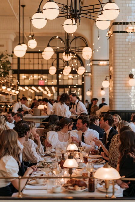 The Perfect Rehearsal Dinner Dress for Guests: Your Complete Outfit Guide 1 Guests enjoy an elegant dinner in a bustling restaurant reception space with globe lighting and warm ambiance
