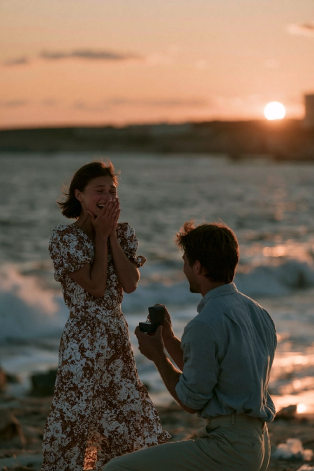 Proposal Ideas: 40 Ways to Pop the Question She'll Never Stop Talking About 1 Romantic beach proposal at sunset with a man kneeling and presenting an engagement ring as his surprised partner smiles