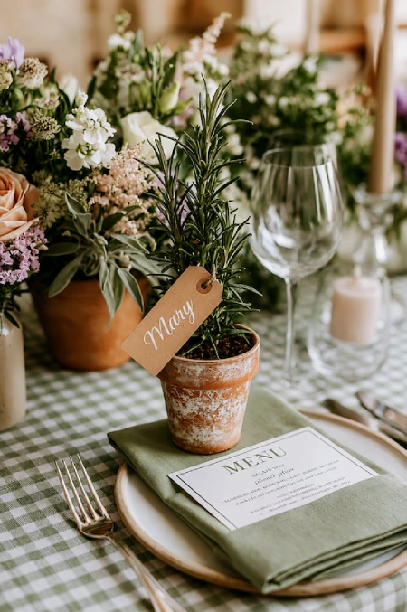 Sage Green and Terracotta Wedding: The Earthy Duo That Understood the Assignment 9 Rosemary herb wedding place card in a terracotta pot on a green tablescape with florals, candles, and elegant place setting