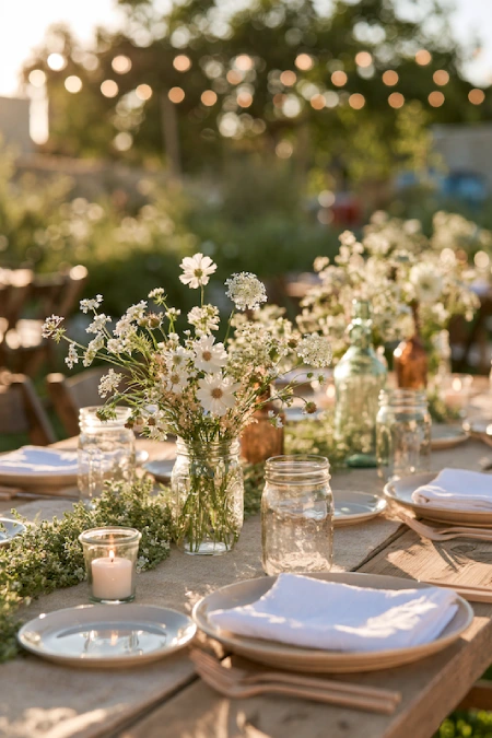 Rustic backyard rehearsal dinner table with wildflowers in mason jars and string lights at golden hour